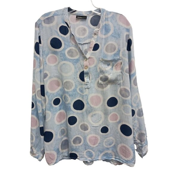 Janina Womens Tunic Top Large Blue Pink Circle Print Sequined Artsy Pullover - Picture 1 of 8